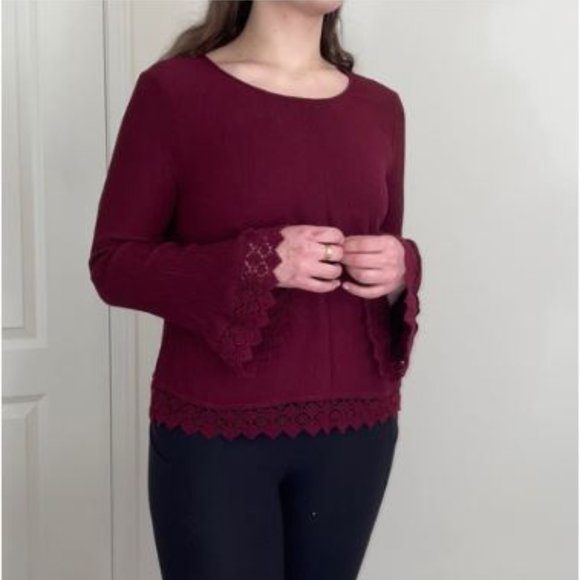 Burgundy Lace-Trimmed Blouse - Picture 1 of 7